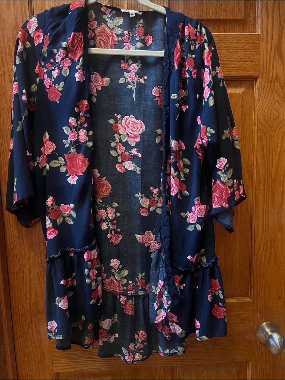 Maurices Navy Floral Open-Front Kimono with Pink Roses